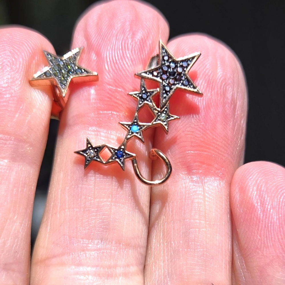 Gold Star ear cuff & stud multi colored gems Sterling & Gold - Picture 1 of 11